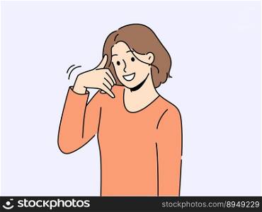 Smiling woman show call me hand gesture. Happy girl demonstrate callback ask to dial or make phone call. Body language. Vector illustration. . Smiling woman show call me gesture 