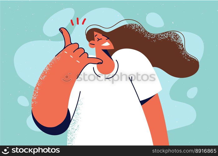 Smiling woman show call me hand gesture. Happy girl with phone sign ask for callback. Body language and nonverbal communication. Vector illustration. . Smiling woman show call me gesture 