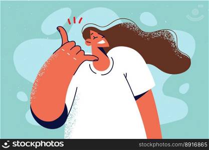 Smiling woman show call me hand gesture. Happy girl with phone sign ask for callback. Body language and nonverbal communication. Vector illustration. . Smiling woman show call me gesture 