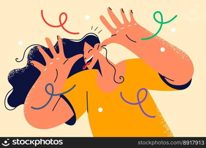 Smiling woman show funny face and hands gesture. Happy millennial girl have fun demonstrate facial expression. Laughter concept. Vector illustration. . Smiling woman show funny face expression 