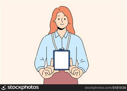 Smiling woman show mockup badge hanging on neck. Happy female demonstrate ID card or identity label on neck. Vector illustration.. Smiling woman show mockup ID badge