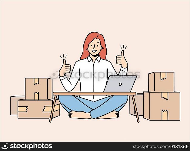 Smiling woman sit at home with computer show thumb up selling products on internet. Happy successful female entrepreneur excited with online sales. Vector illustration. . Smiling woman feel successful selling online 