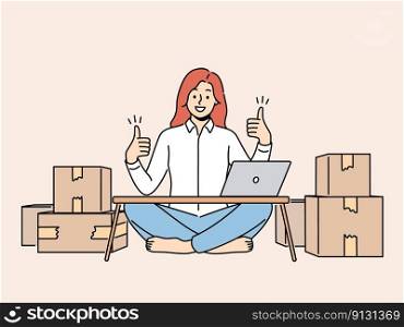 Smiling woman sit at home with computer show thumb up selling products on internet. Happy successful female entrepreneur excited with online sales. Vector illustration. . Smiling woman feel successful selling online 