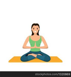 Smiling Woman Sits Lotus Position Involved Sport. Happy Young Girl Training Yoga Yellow Mat. Program Sport Fitness Workout. Isolated on White Background. Healthy Lifestyle