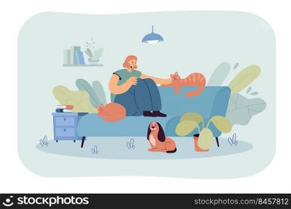 Smiling woman sitting on sofa and petting cat. Happy cartoon character on couch with cats and dog at home, cozy room flat vector illustration. Animals, pets, love concept for banner, website design