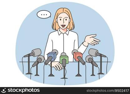 Smiling woman speaker giving comments to reporters at press conference. Businesswoman talking with journalists at meeting. Mass media and journalism. Vector illustration.. Speaker talking with reporters at press conference