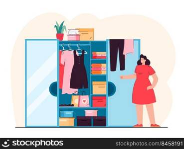 Smiling woman standing in front of open wardrobe flat vector illustration. Cartoon lady choosing clothes from closet. Organization dressing and fashion concept