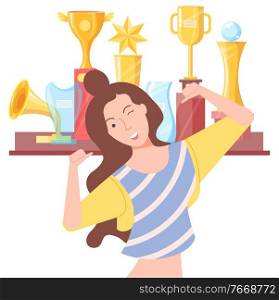 Smiling woman standing near golden regards, girl pose. Happy winner female, lady in casual clothes winking, lucky person, win symbols, positive vector. Winking Female and Golden Regards, Win Vector
