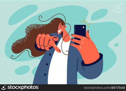 Smiling woman take picture with cellphone point at screen. Happy girl photograph with smartphone show with finger at camera. Vector illustration. . Smiling woman photograph with cellphone point at screen 