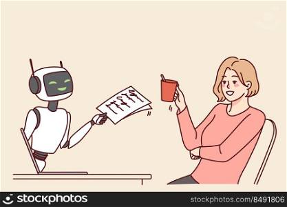 Smiling woman talking with virtual assistant on computer. Girl have conversation with digital bot on laptop. New technologies and communication. Vector illustration. . Smiling woman talking with robotic assistant on computer 