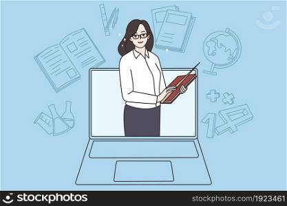 Smiling woman teacher on laptop screen teach student online on home lockdown or quarantine. Happy female tutor or coach have internet webcam class with pupil. Vector illustration. Education. . Smiling teacher have online lessons with students on computer