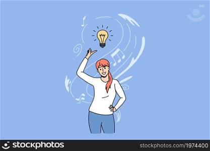 Smiling woman think brainstorm over creative idea or plan. Happy girl generate thoughts, engaged in finding solution. Creativity and innovation, problem solved concept. Flat vector illustration.. Smiling woman engaged in creative thinking finding solution
