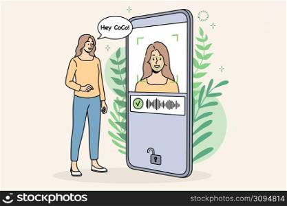 Smiling woman unlock mobile phone with face ID. Female smartphone user get access to data with biometrical check. Identification and verification concept. Vector illustration. . Woman unlock cellphone with face ID