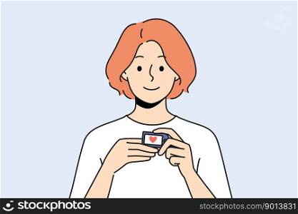 Smiling woman using pulse oximeter checking oxygen saturation. Happy female patient with medical equipment measure blood and pulse rate. Healthcare. Vector illustration. . Woman using pulse oximeter checking saturation 