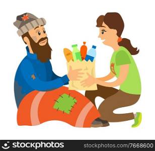 Smiling woman volunteer giving products in bag to beggar man, charity to homeless, sitting vagrant in clothes and blanket with patches, sharing vector. Vagrant Holding Meal, Sharing to Homeless Vector