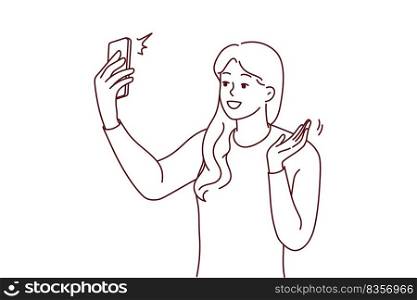 Smiling woman wave talk on webcam call on cellphone. Happy female have online video chat on smartphone. Technology concept. Vector illustration. . Smiling woman talk on video call on cell 