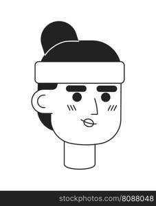 Smiling woman with athletic headband monochromatic flat vector character head. Editable black white cartoon face emotion. Hand drawn lineart ink spot illustration for web graphic design, animation. Smiling woman with athletic headband monochromatic flat vector character head