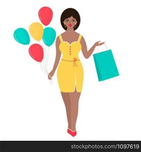 Smiling woman with balloons and gift bag on white background.