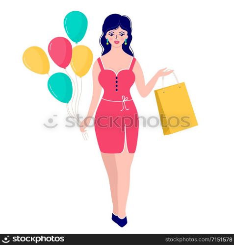 Smiling woman with balloons and gift bag on white background.