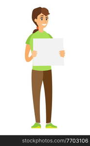 Smiling woman with blank sheet of paper, isolated cartoon character from volunteers organization. Vector protesting girl, volunteer or social worker. Smiling Woman with Blank Sheet of Paper, Isolated