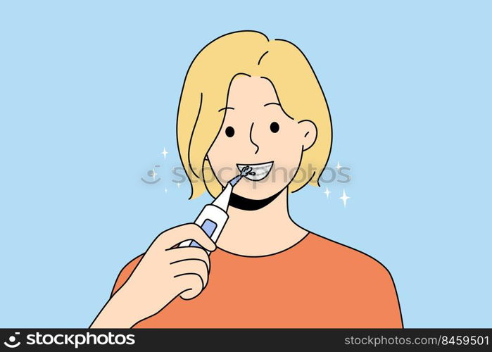 Smiling woman with braces clean teeth with dental irrigator. Happy female use brush take acre of oral hygiene. Dentistry and healthcare. Vector illustration.. Smiling woman clean braces