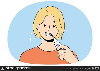 Smiling woman with braces clean teeth with dental irrigator. Happy female use brush take acre of oral hygiene. Dentistry and healthcare. Vector illustration.. Smiling woman clean braces