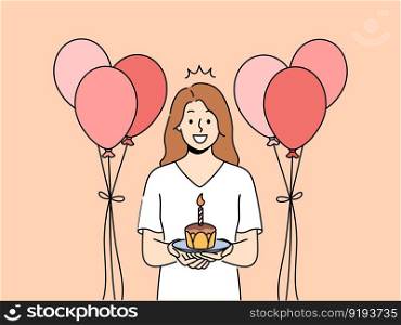 Smiling woman with cake in hands and balloons celebrate birthday. Happy girl with cupcake with candle enjoy anniversary celebration. Vector illustration. . Smiling girl with birthday cake celebrate anniversary 