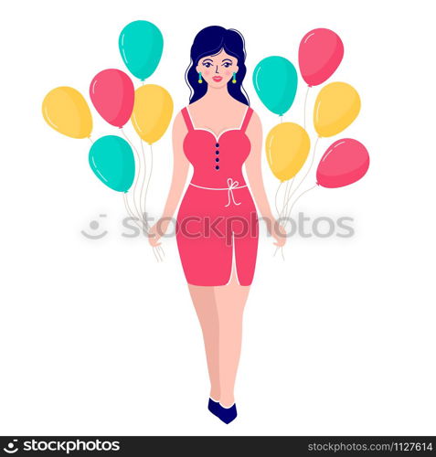 Smiling woman with colorful balloons on white background.