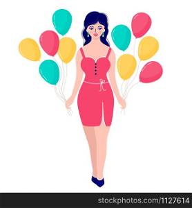 Smiling woman with colorful balloons on white background.