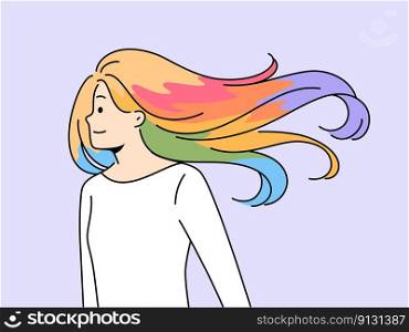 Smiling woman with colorful dyed hair. Happy female with creative hairstyle and haircolor. Beauty and cosmetics. Vector illustration. . Smiling woman with colorful dyed hair 