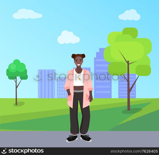 Smiling woman with dark skin, african female walking in urban park. City with skyscrapers view, girl in casual clothes, ethnic original, nation vector. Flat cartoon. African Woman in Urban Park, Dark Skin Vector