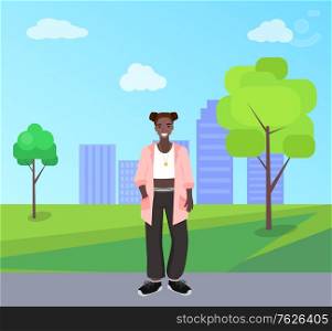 Smiling woman with dark skin, african female walking in urban park. City with skyscrapers view, girl in casual clothes, ethnic original, nation vector. Flat cartoon. African Woman in Urban Park, Dark Skin Vector