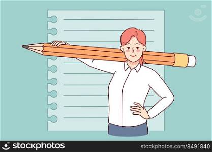 Smiling woman with huge pencil and paper. Happy female holding big writing tool ready for noting. Journalism or handwriting. Vector illustration. . Smiling woman with huge pencil 