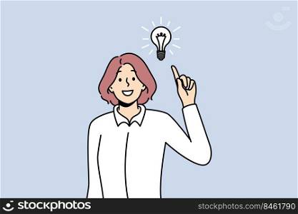 Smiling woman with lightbulb get innovative business idea. Happy businesswoman generate thoughts solve problem. Solution and innovation. Vector illustration.. Smiling woman generate good idea