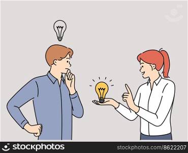 Smiling woman with lightbulb help male colleague with business idea. Happy female with lightened light bulb assist man with solution or trouble. Vector illustration. . Smiling woman with lightbulb help male with idea