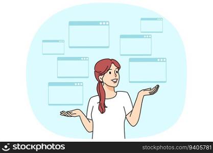 Smiling woman with open browser windows thinking. Happy female software engineer developing project online on computer. Vector illustration.. Woman developing project on computer