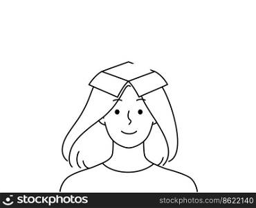 Smiling woman with open mind waiting for inspiration. Happy girl dreaming looking for inspiring thoughts. Visualization and daydreaming. Vector illustration. . Smiling woman with open mind for inspiration 