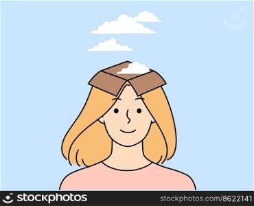 Smiling woman with open mind waiting for inspiration. Happy girl dreaming looking for inspiring thoughts. Visualization and daydreaming. Vector illustration. . Smiling woman with open mind for inspiration 