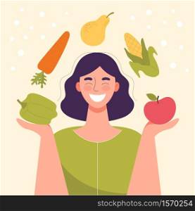 Smiling woman with vegetables and fruits in his hands.Healthy food,concept of diet,raw food diet,vegetarian.Apple,pear,pepper,carrot,corn are circling on the person.Flat cartoon vector illustration
