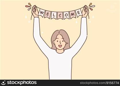 Smiling woman with welcome sign in hands greeting someone. Happy female meet person hold party decoration. Vector illustration. . Smiling woman with welcome sign in hands 