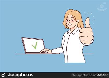 Smiling woman working on computer show thumb recommending online services. Happy female client give recommendation to laptop app. Customer feedback. Vector illustration.. Smiling woman working on laptop showing thumb up