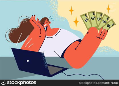 Smiling woman working online on laptop earning money. Happy girl hold banknotes in hands earn on internet on computer. Freelance. Vector illustration. . Smiling woman with money in hands work on laptop 