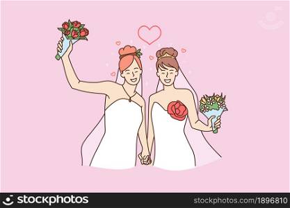 Smiling women gay couple in white wedding dresses celebrate same sex marriage. Happy lesbian spouses two brides get married. Celebration, LGBT, homosexual concept. Flat vector illustration. . Happy lesbian woman couple get married