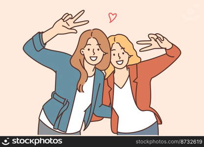 Smiling women hug show unity and friendship. Happy female friends embrace enjoy good relationships. Vector illustration. . Smiling girls hug show unity 