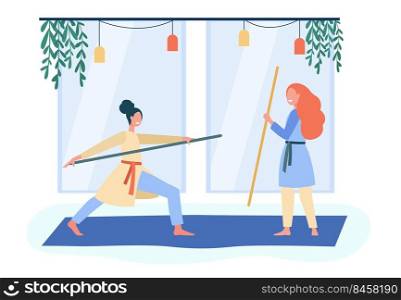 Smiling women training Asian martial arts. Body, stick, wellbeing flat vector illustration. Healthcare and sport activity concept for banner, website design or landing web page