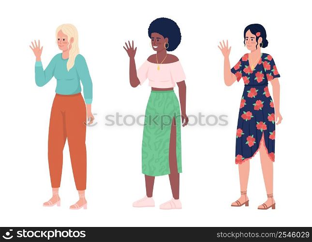 Smiling women waving hands semi flat color vector character set. Standing figures. Full body people on white. Simple cartoon style illustration collection for web graphic design and animation. Smiling women waving hands semi flat color vector character set