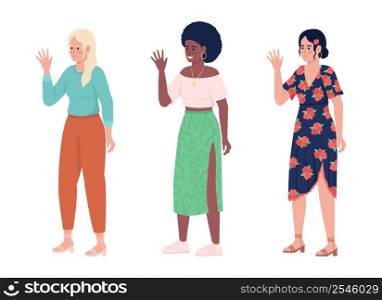 Smiling women waving hands semi flat color vector character set. Standing figures. Full body people on white. Simple cartoon style illustration collection for web graphic design and animation. Smiling women waving hands semi flat color vector character set