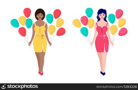 Smiling women with colorful balloons on white background.