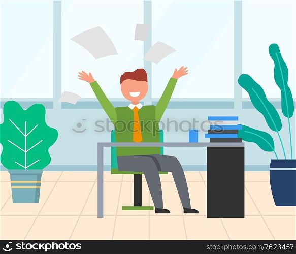 Smiling worker character sitting at table, person throwing up papers. Happy employee celebration on workplace, male in suit, company success vector. Flat cartoon. Employee Celebration on Workplace, Office Vector