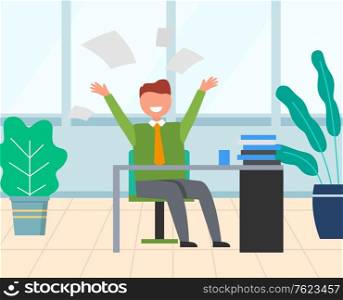 Smiling worker character sitting at table, person throwing up papers. Happy employee celebration on workplace, male in suit, company success vector. Flat cartoon. Employee Celebration on Workplace, Office Vector